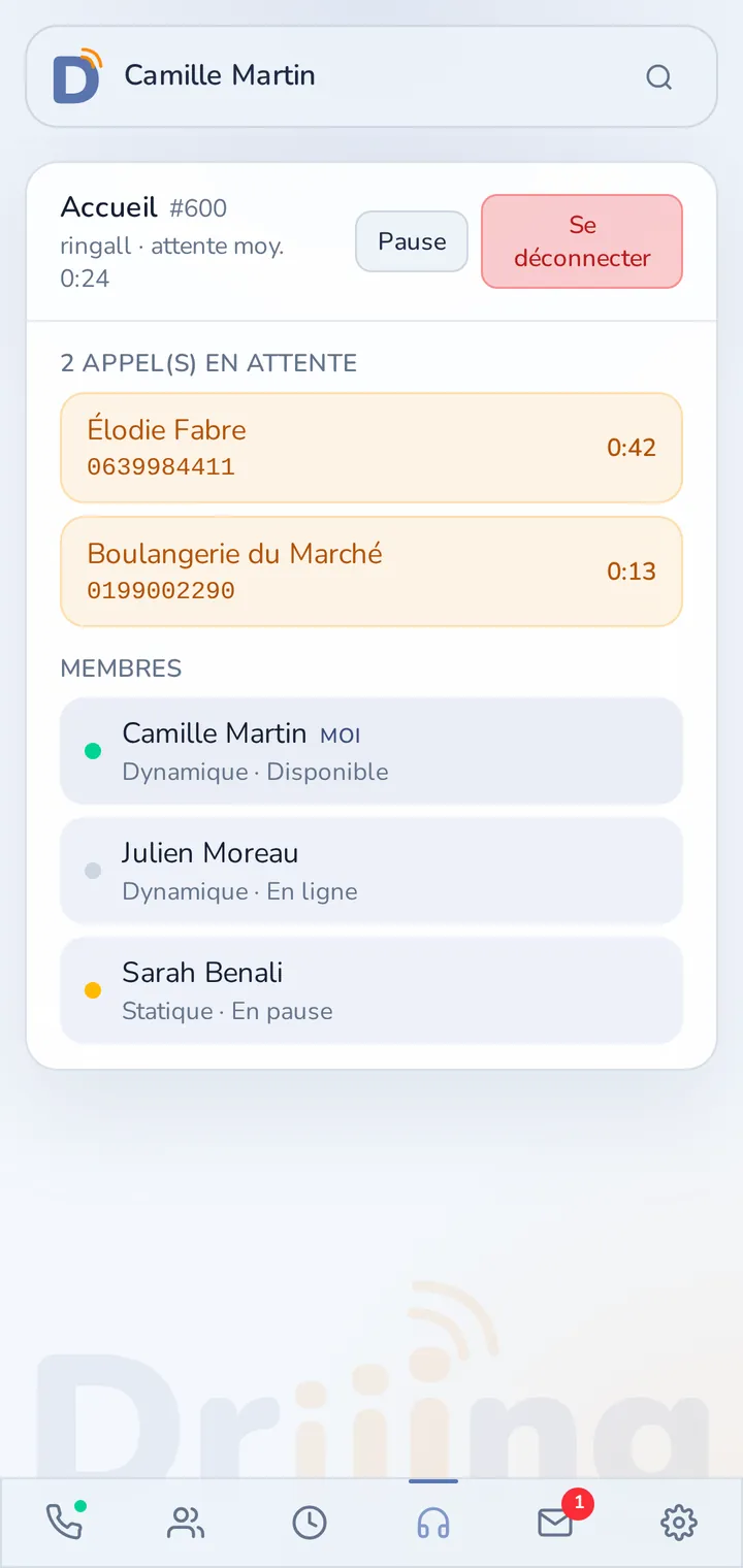 Files d’attente dans l’application Driiing